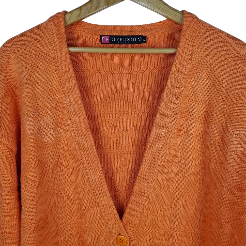 80s Vintage "Diffusion" Orange Knitted Cardigan Sweater. Med. #238 - Picture 2 of 8